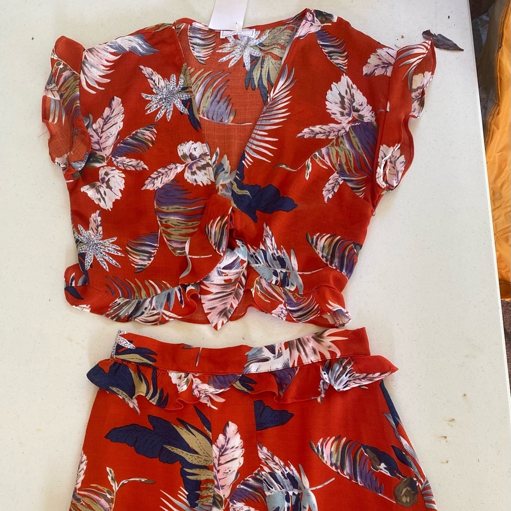 Tie bottom blouse and ruffled skirt set